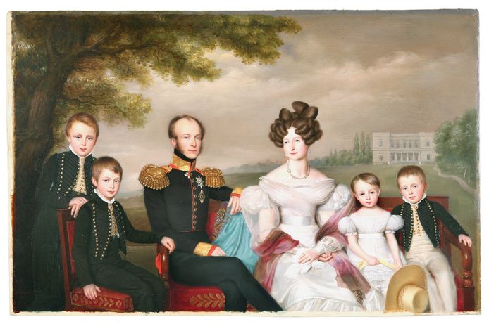 Familieportret van Koning Willem 2 met Koningin Anna Paulowna en hun kinderen  Kennisbank Zilver.nl